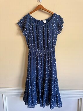 J. Crew Blue Floral Ruffle-Sleeve Midi Dress